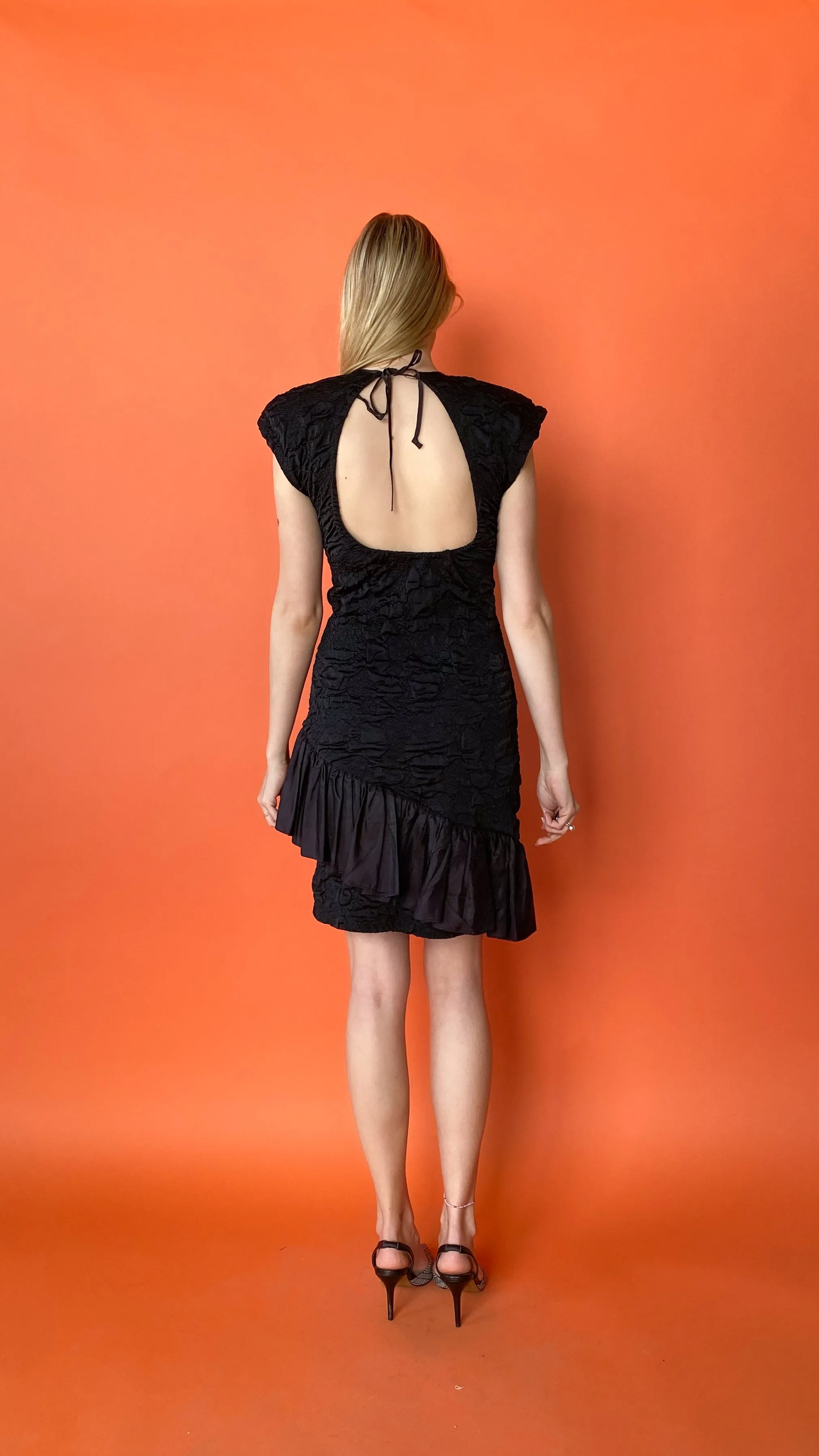 1980s Black Asymmetrical Crinkle Dress, sz. L/XL