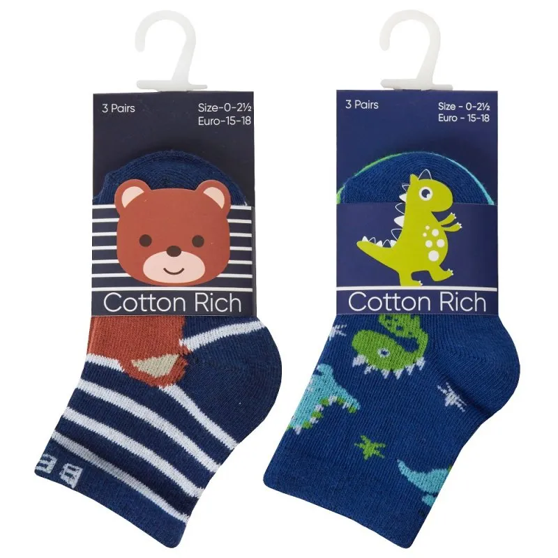 BABY BOYS 3 PACK COTTON RICH DESIGN ANKLE SOCKS (0-0, 0-2.5, 3-5.5) 44B973