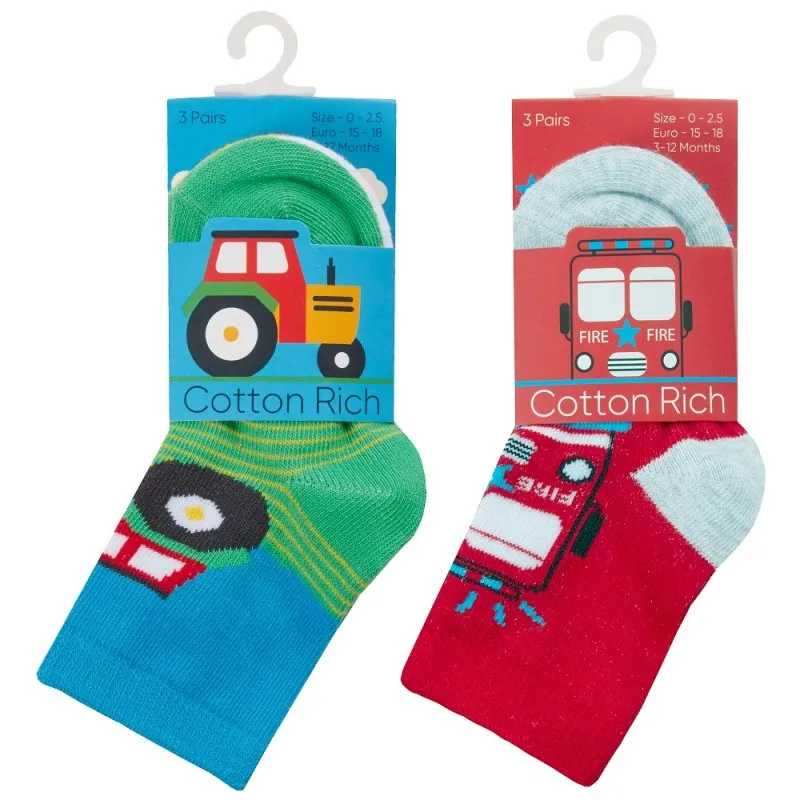 BABY BOYS 3 PACK COTTON RICH DESIGN ANKLE SOCKS (ASSORTED SIZES) (0-0, 0-2.5, 3-5.5) 44B986