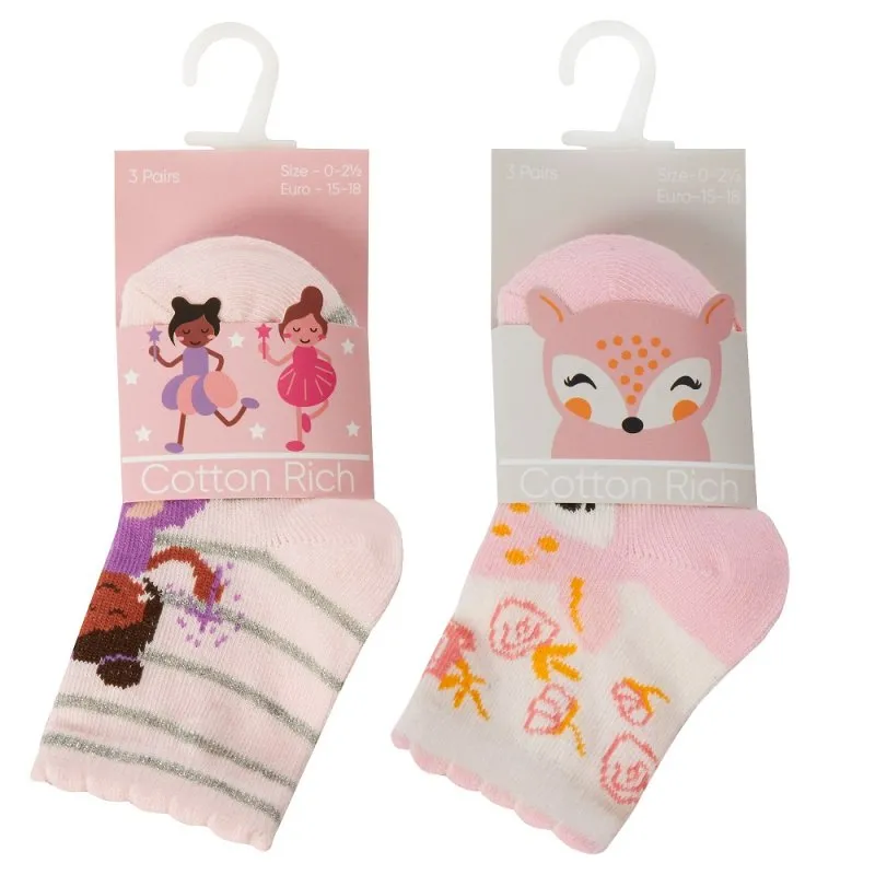 BABY GIRLS 3 PACK COTTON RICH DESIGN ANKLE SOCKS (0-0, 0-2.5, 3-5.5) 44B975