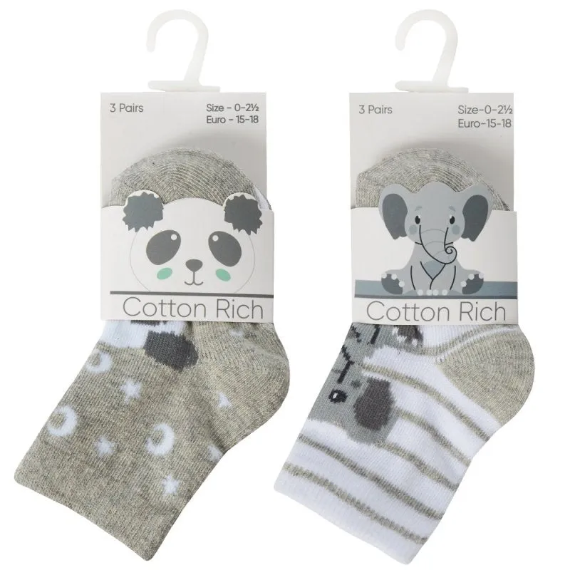 BABY UNISEX 3 PACK COTTON RICH DESIGN ANKLE SOCKS (0-0, 0-2.5, 3-5.5) 44B971