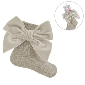 BISCUIT RIBBED ANKLE SOCKS W/LARGE VELVET BOW (0-24 Months) (PK12) S126-BI