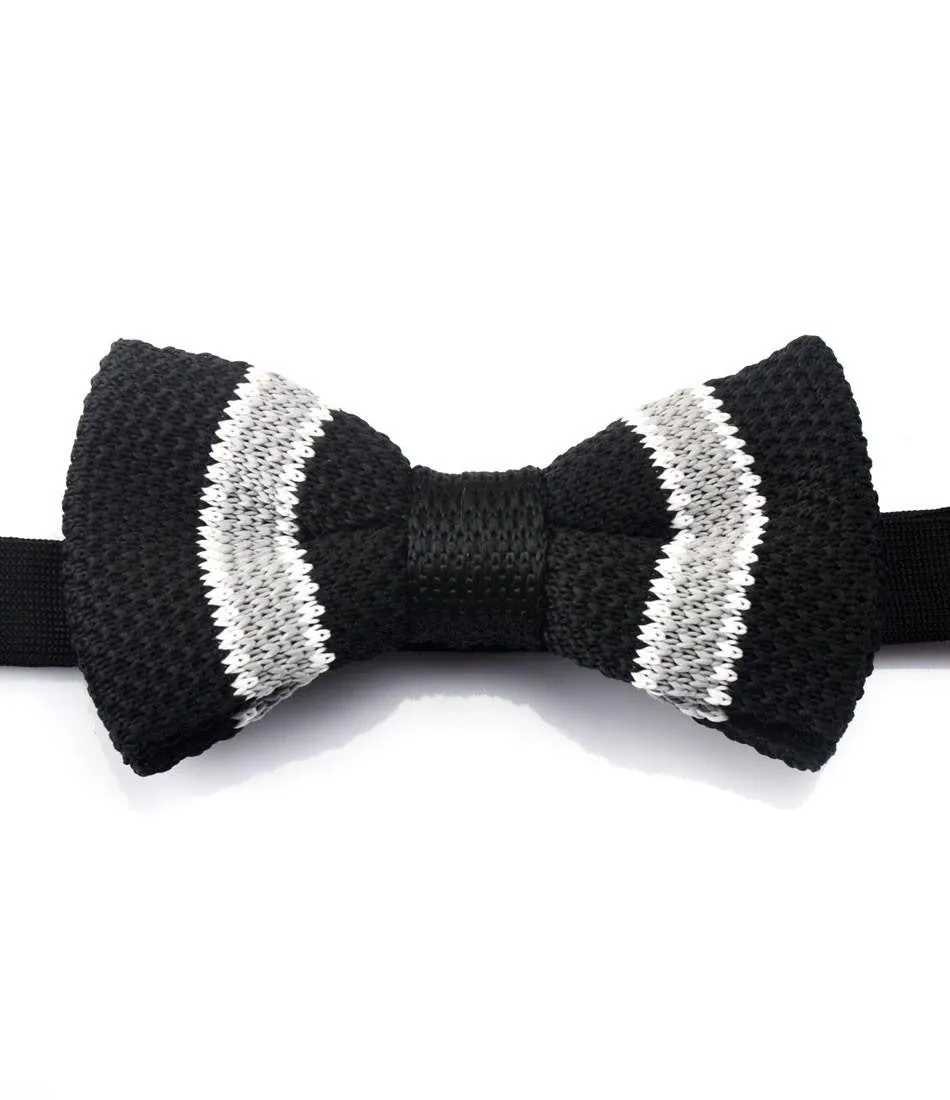 Black with Grey & White Stripes Knitted Bow Tie