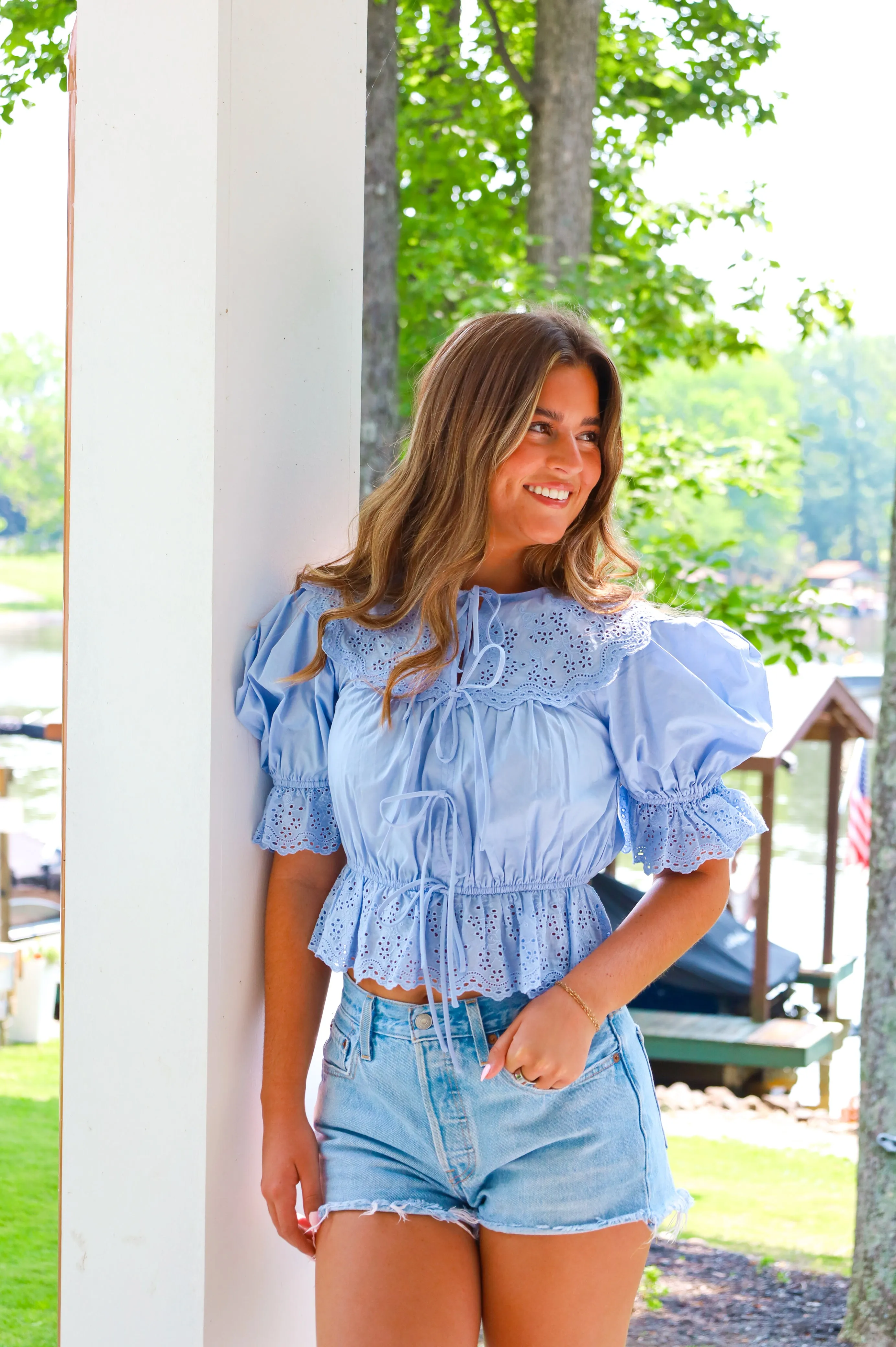 BLUE EMBROIDERED BLOUSE WITH FRONT TIES