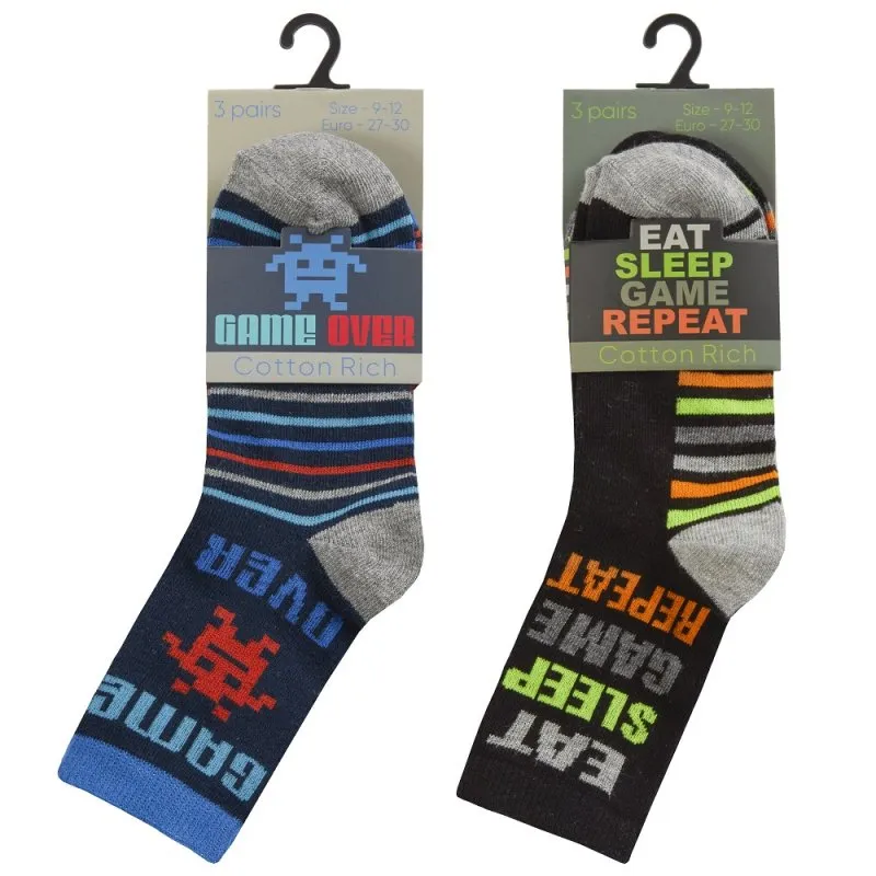 BOYS 3 PACK COTTON RICH DESIGN ANKLE SOCKS (ASSORTED SIZES) 42B734