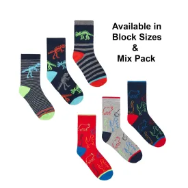 Boys 3 Pack Cotton Rich Design Socks - Dinosaur - Block & Mix - (42B591)