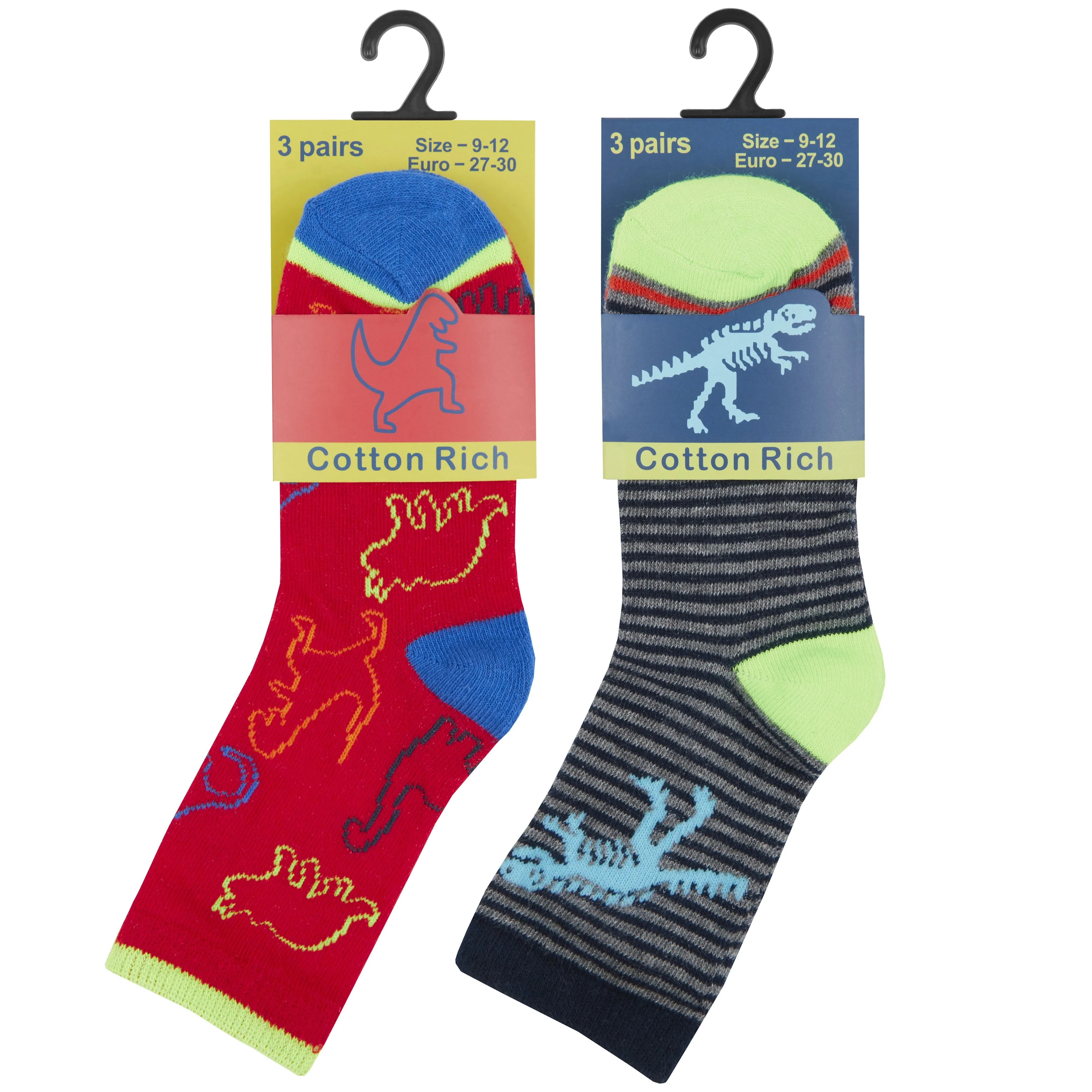 Boys 3 Pack Cotton Rich Design Socks - Dinosaur - Block & Mix - (42B591)