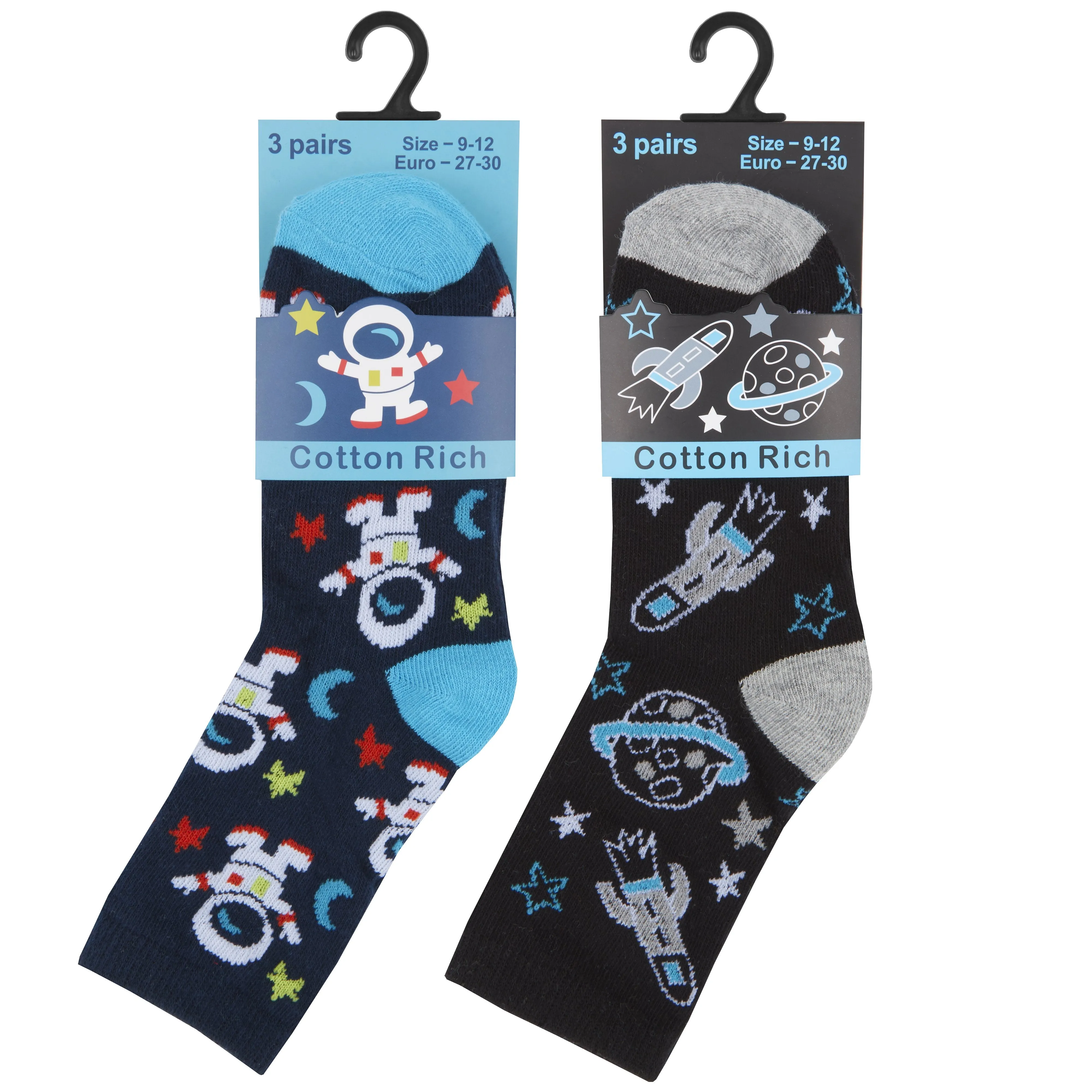 Boys 3 Pack Cotton Rich Design Socks - Space - Block & Mix - (42B595)