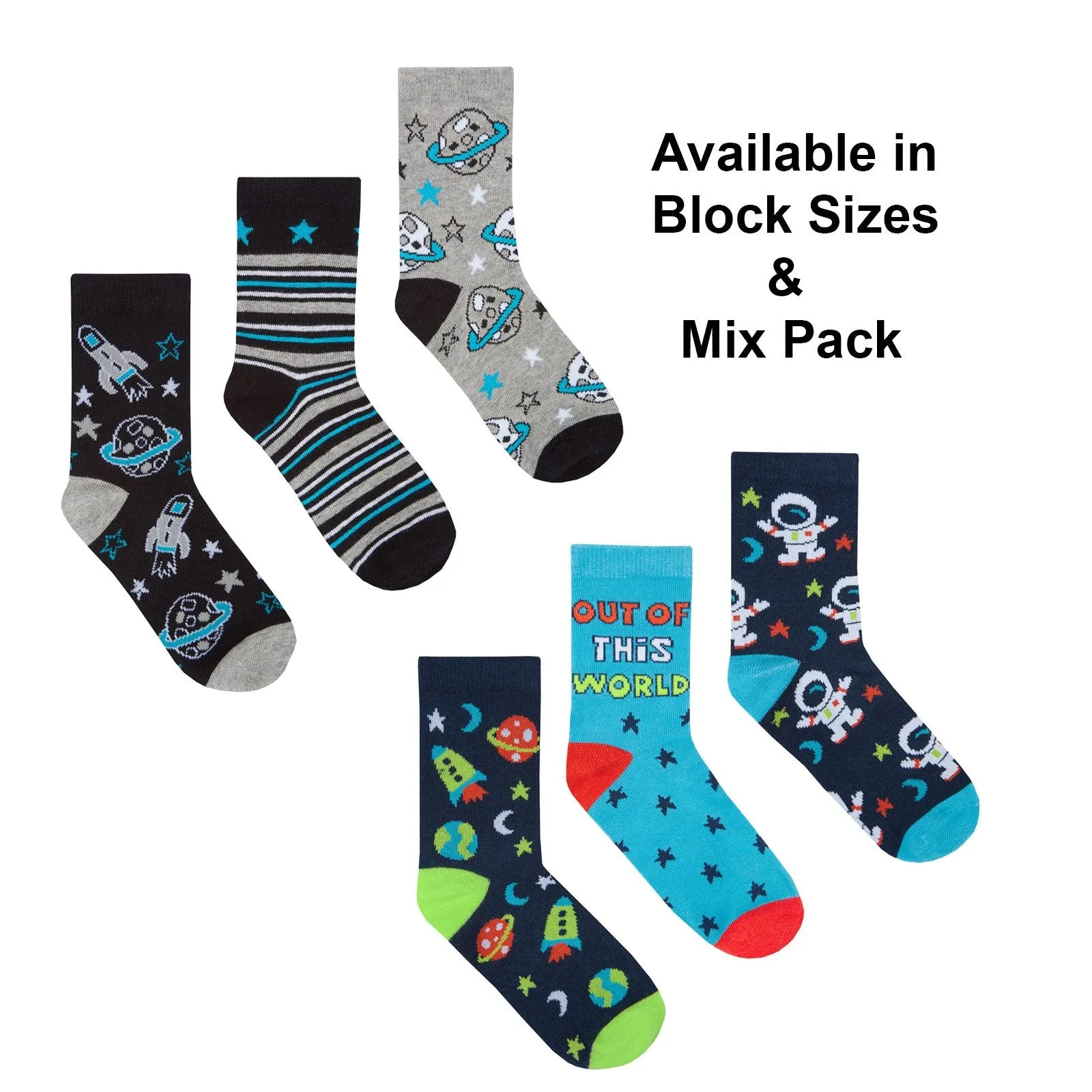 Boys 3 Pack Cotton Rich Design Socks - Space - Block & Mix - (42B595)