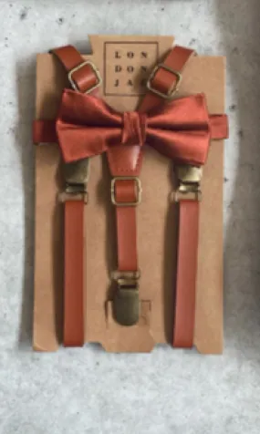 Bronze Silk Tie with Cognac Faux Leather Suspender Set