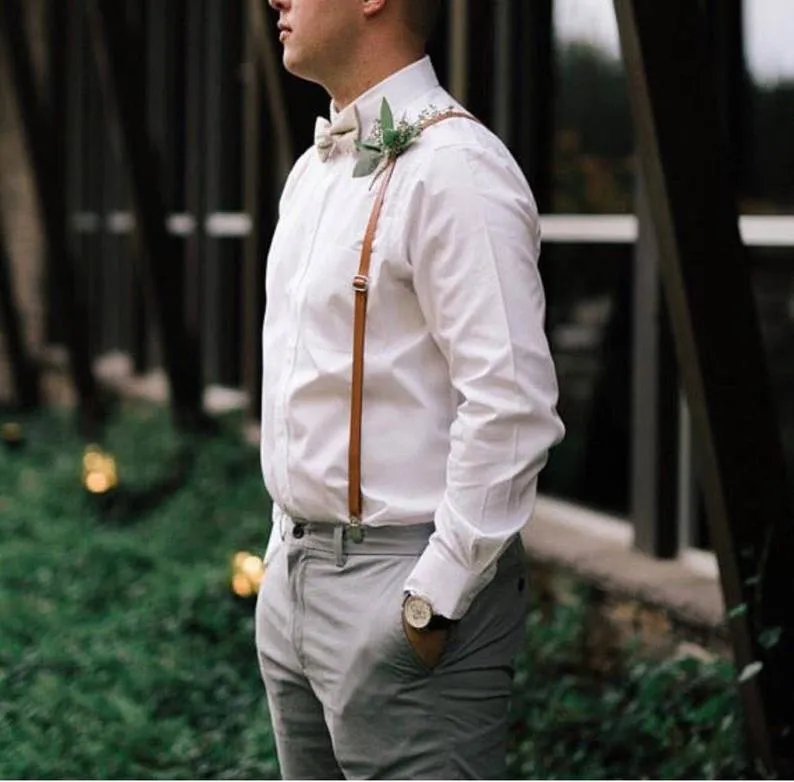 Caramel Skinny Suspenders with Emerald Green Bow Tie