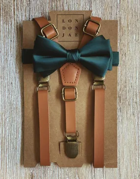 Caramel Skinny Suspenders with Emerald Green Bow Tie