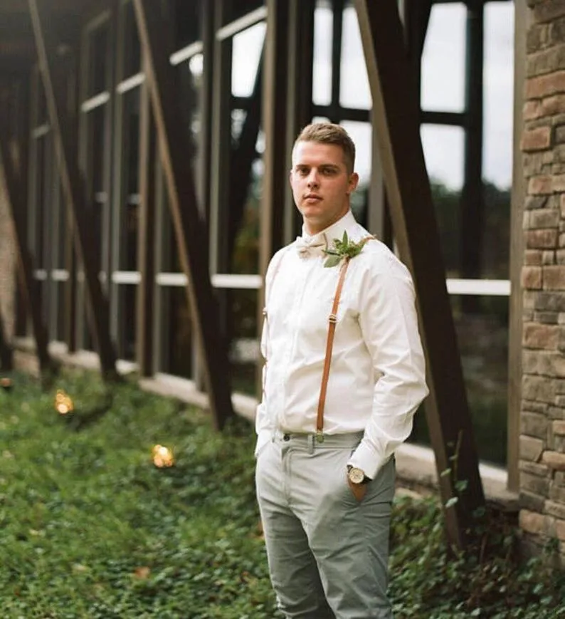 Caramel Skinny Suspenders with Emerald Green Bow Tie