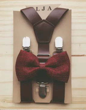 Coffee Brown Suspenders with Wine Burlap Bow Tie