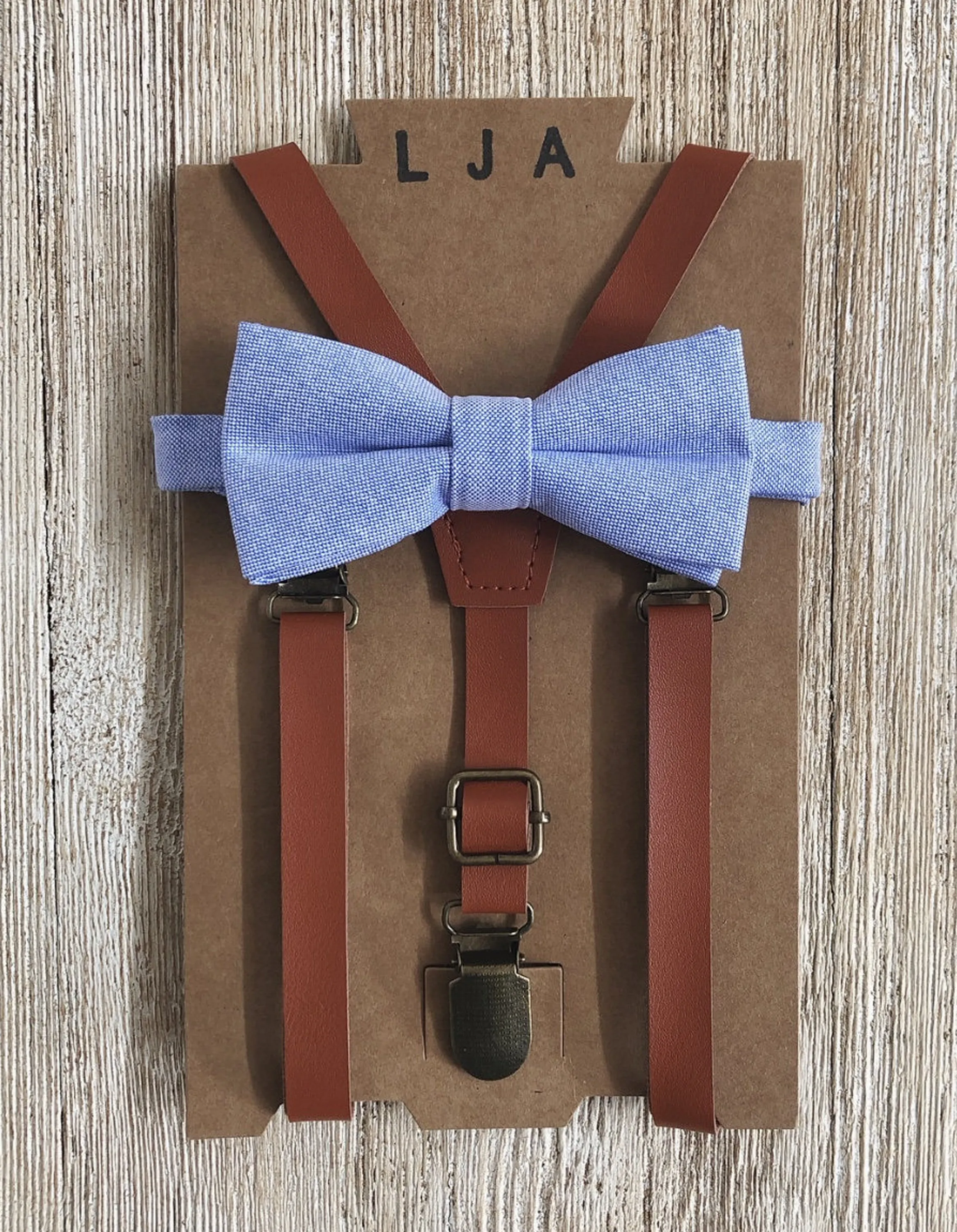 Cognac Skinny suspenders with Light Blue Cotton Bow Tie