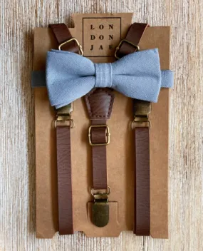 Dusty Blue Cotton Bow Tie with Weathered Coffee Suspender Set