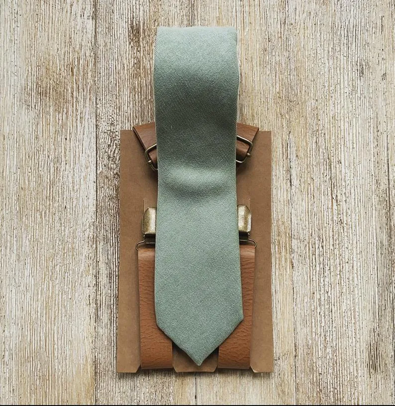 Dusty Sage Linen Pre-Tied Bow Tie with Vintage Tan Brown Faux Leather Suspenders