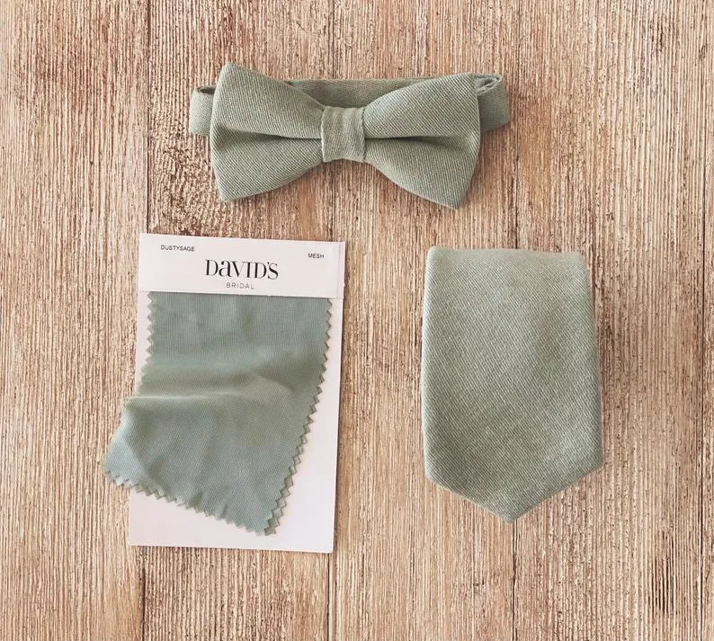 Dusty Sage Linen Pre-Tied Bow Tie with Vintage Tan Brown Faux Leather Suspenders