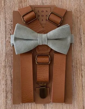 Dusty Sage Linen Pre-Tied Bow Tie with Vintage Tan Brown Faux Leather Suspenders