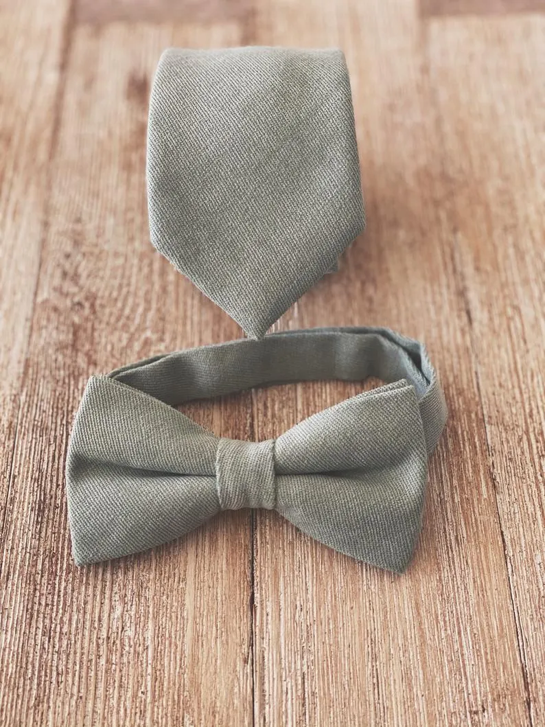 Dusty Sage Linen Pre-Tied Bow Tie with Vintage Tan Brown Faux Leather Suspenders