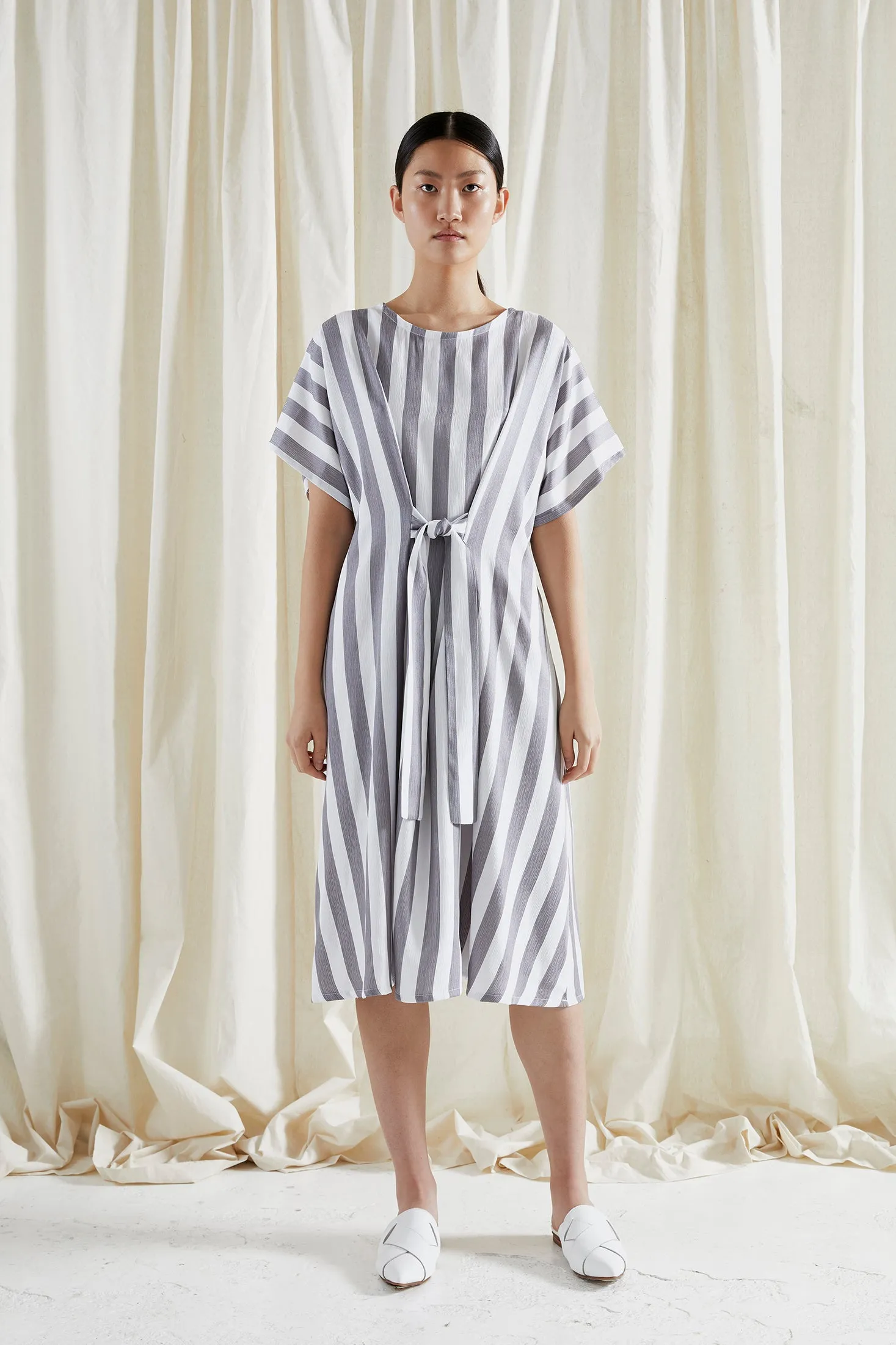 EVE DRESS ~ CONVERTIBLE ~ NEUTRAL [ Grey & White Striped, Waist Ties ]