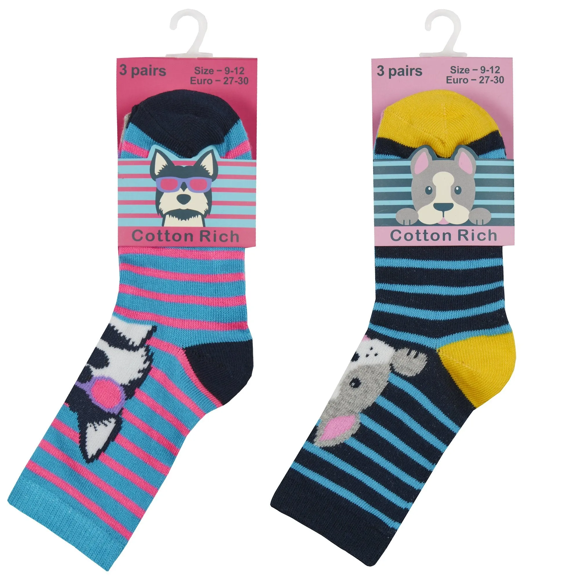 GIRLS 3PK COTTON RICH SOCKS - PUPPIES (6-3.5 assorted) 43B654