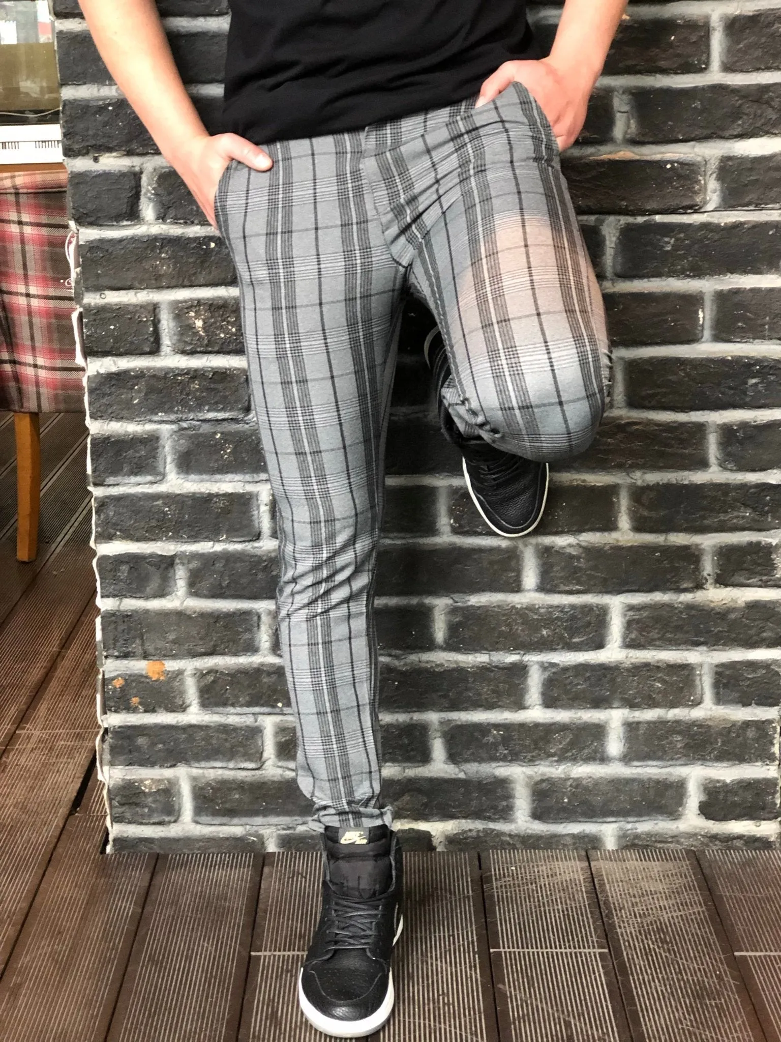 Gray Striped Checkered Slim Fit Casual Mens Pant DJ178 Mens Pant