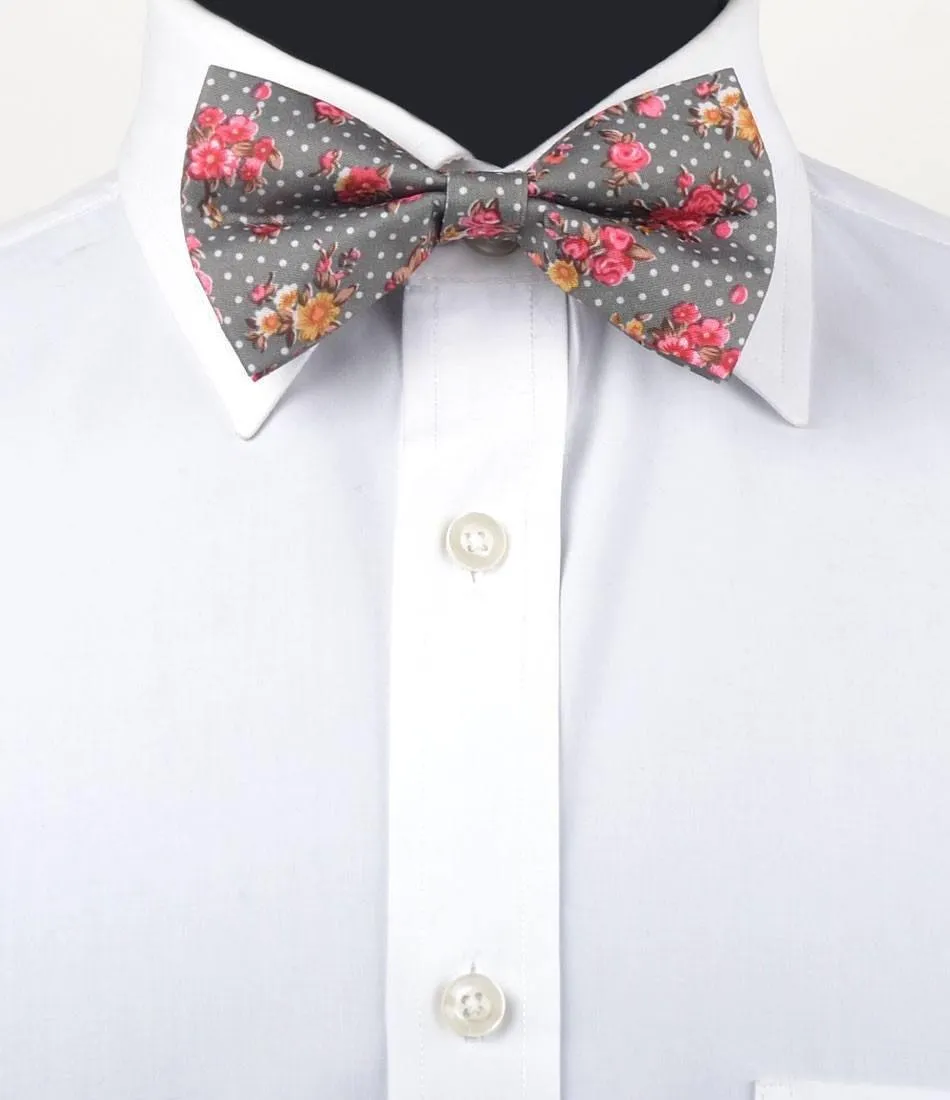 Grey Polka Floral Bow Tie