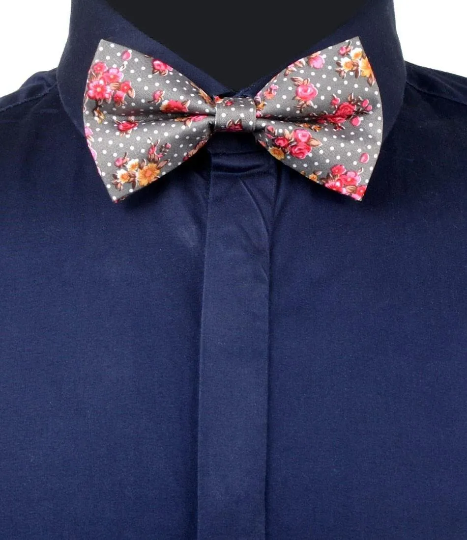 Grey Polka Floral Bow Tie