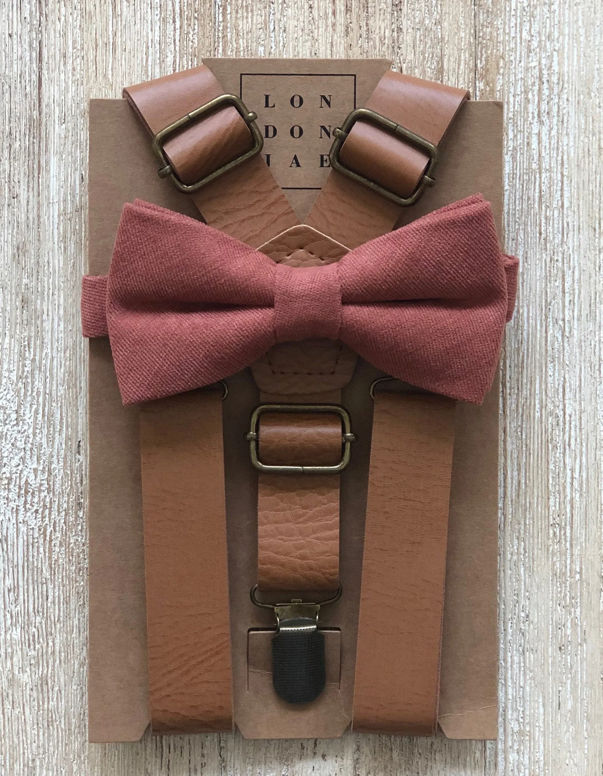 Light Brown Suspenders & Desert Coral Bow Tie Set