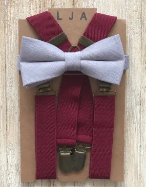 Light Grey Cotton Bow Tie with Wine suspender Set