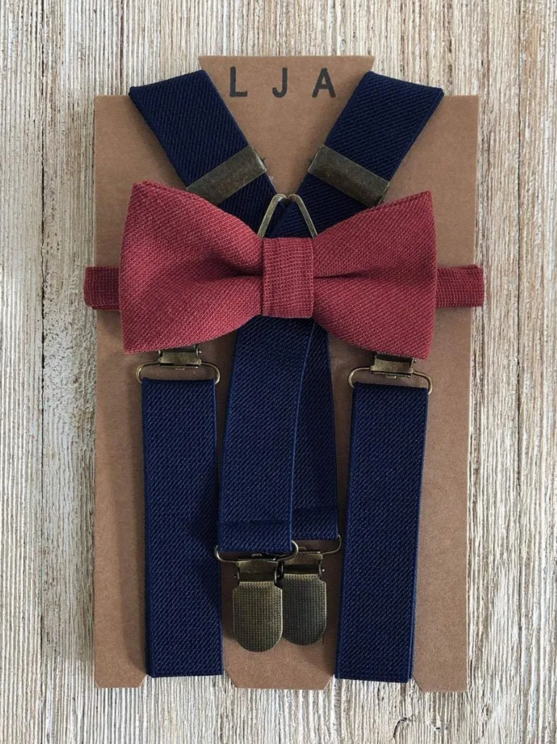 Navy Elastic Suspenders with Garnet Bow Tie