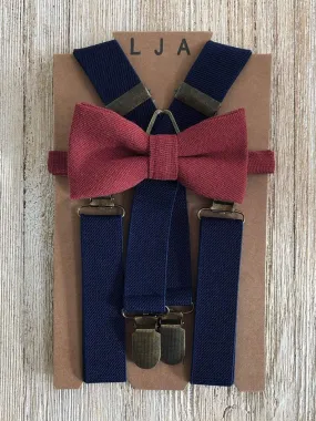 Navy Elastic Suspenders with Garnet Bow Tie