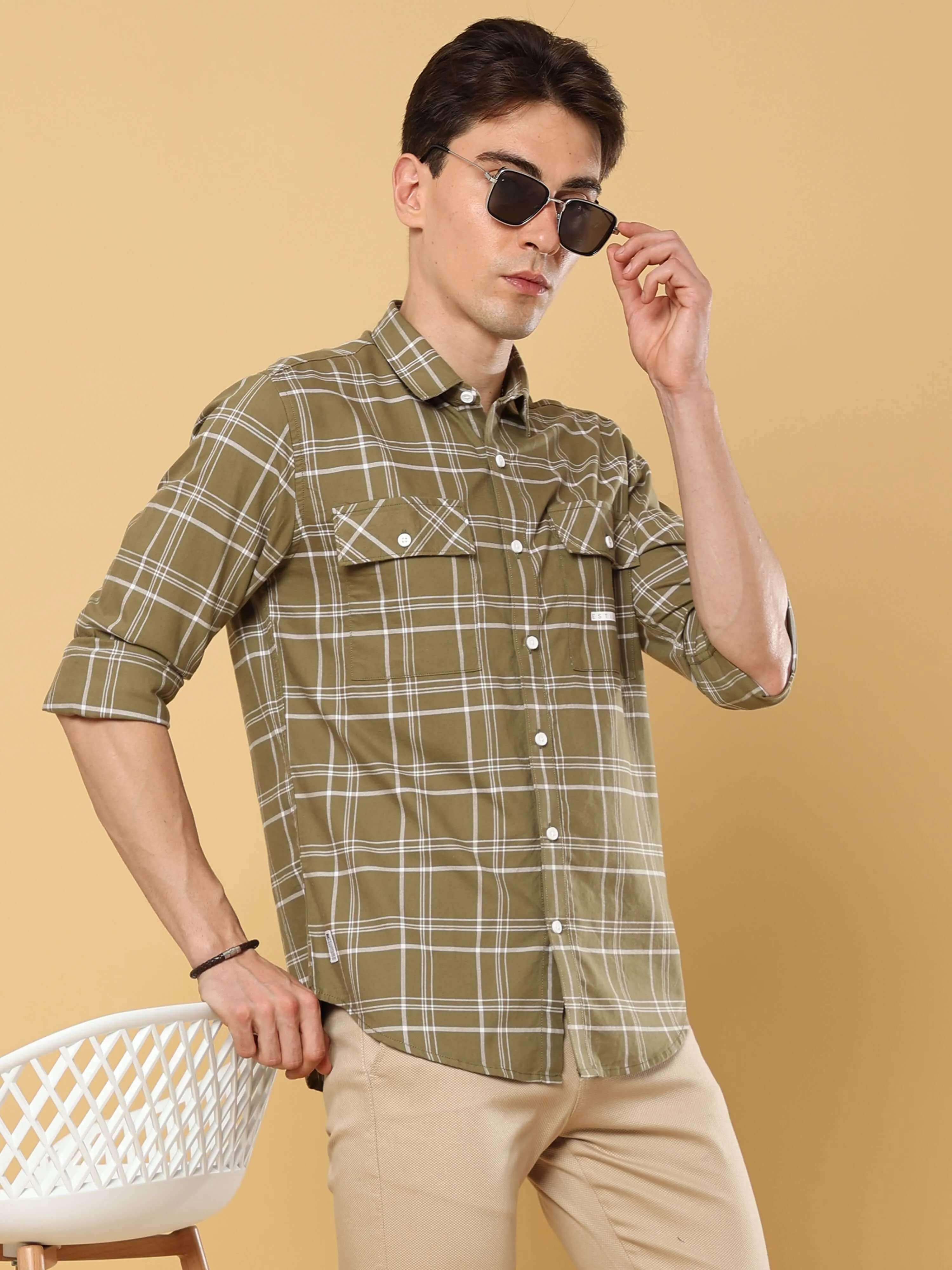 Ochre Green Solid Double Pocket Shirt