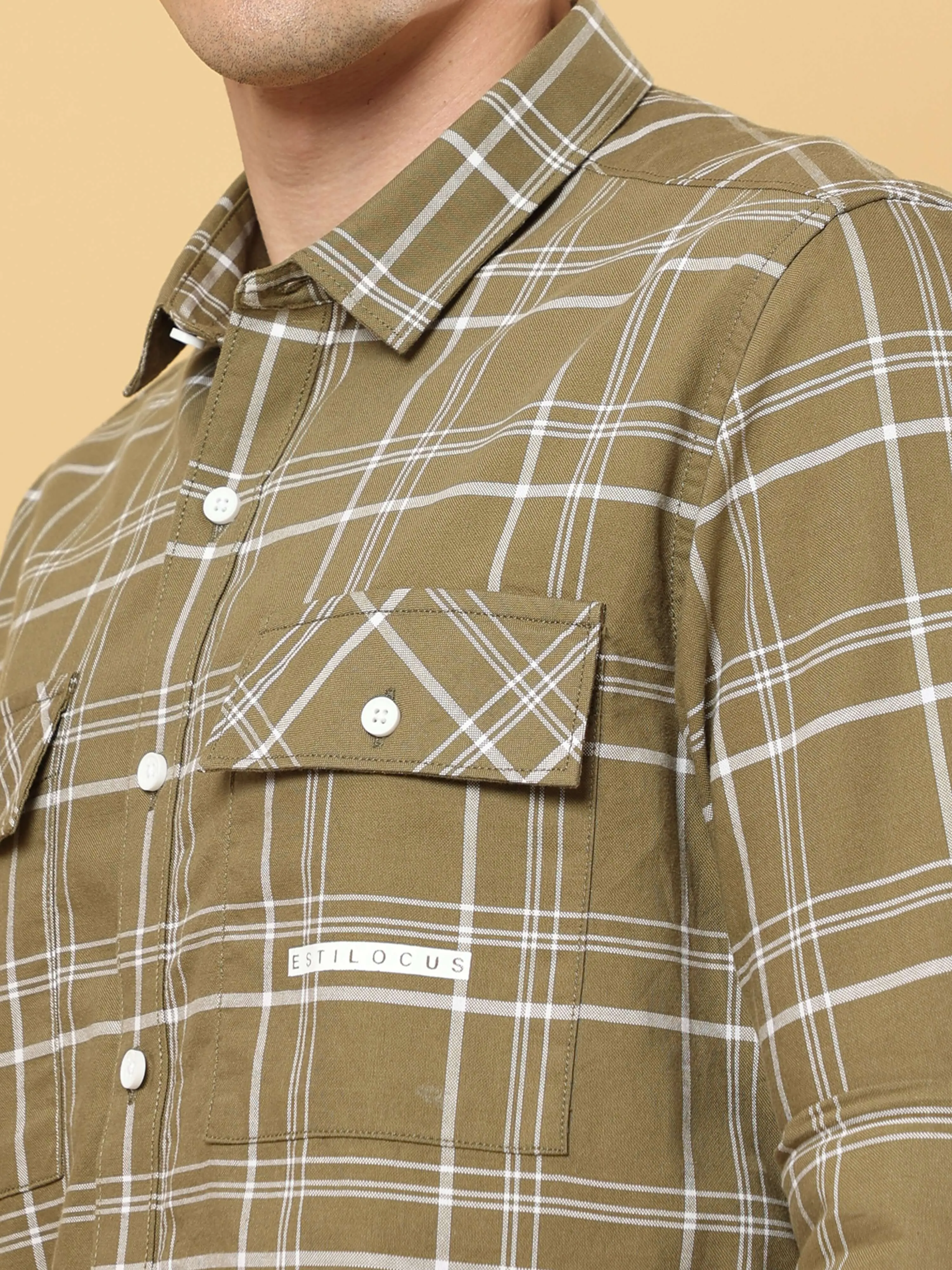 Ochre Green Solid Double Pocket Shirt