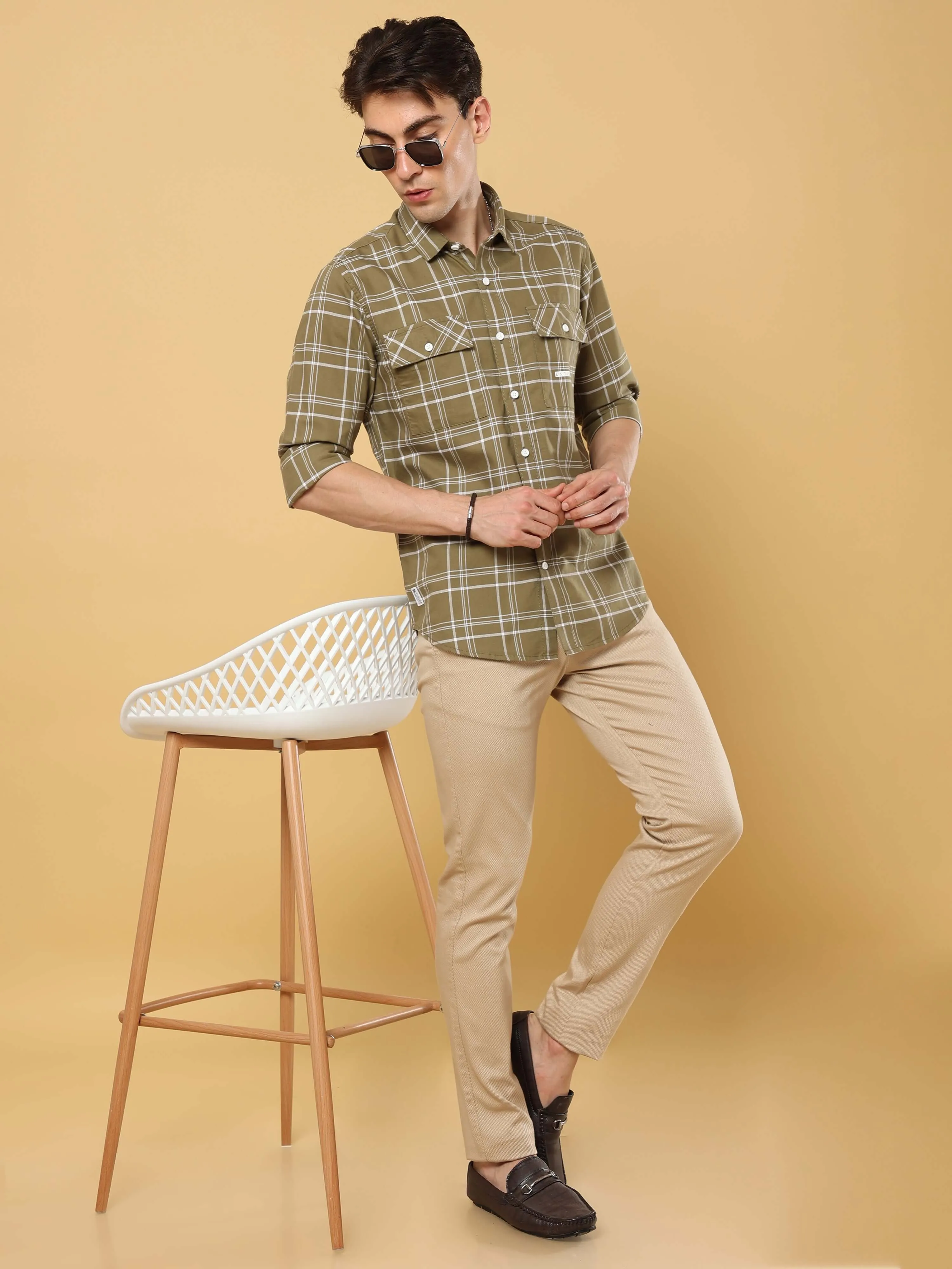 Ochre Green Solid Double Pocket Shirt