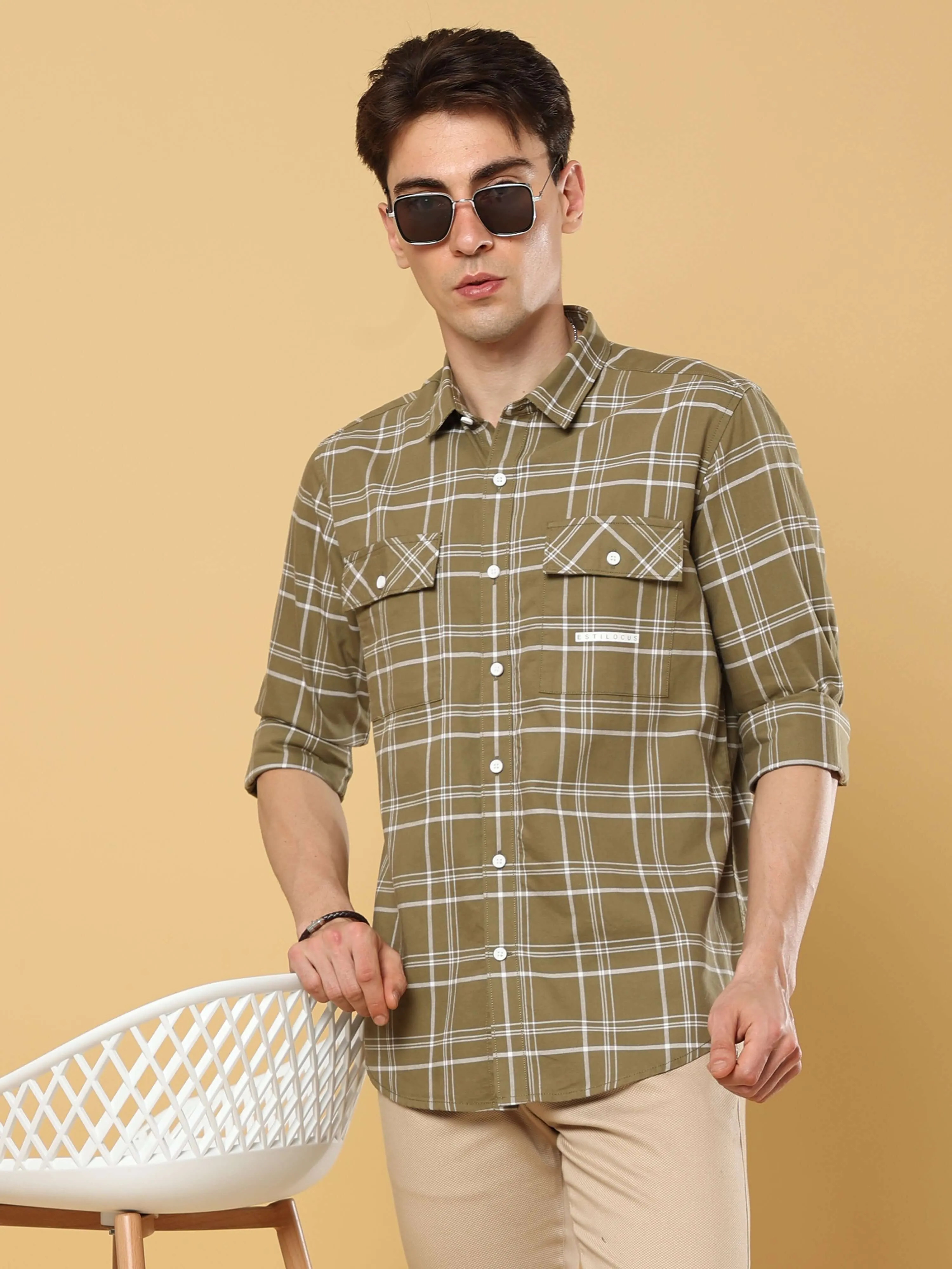 Ochre Green Solid Double Pocket Shirt