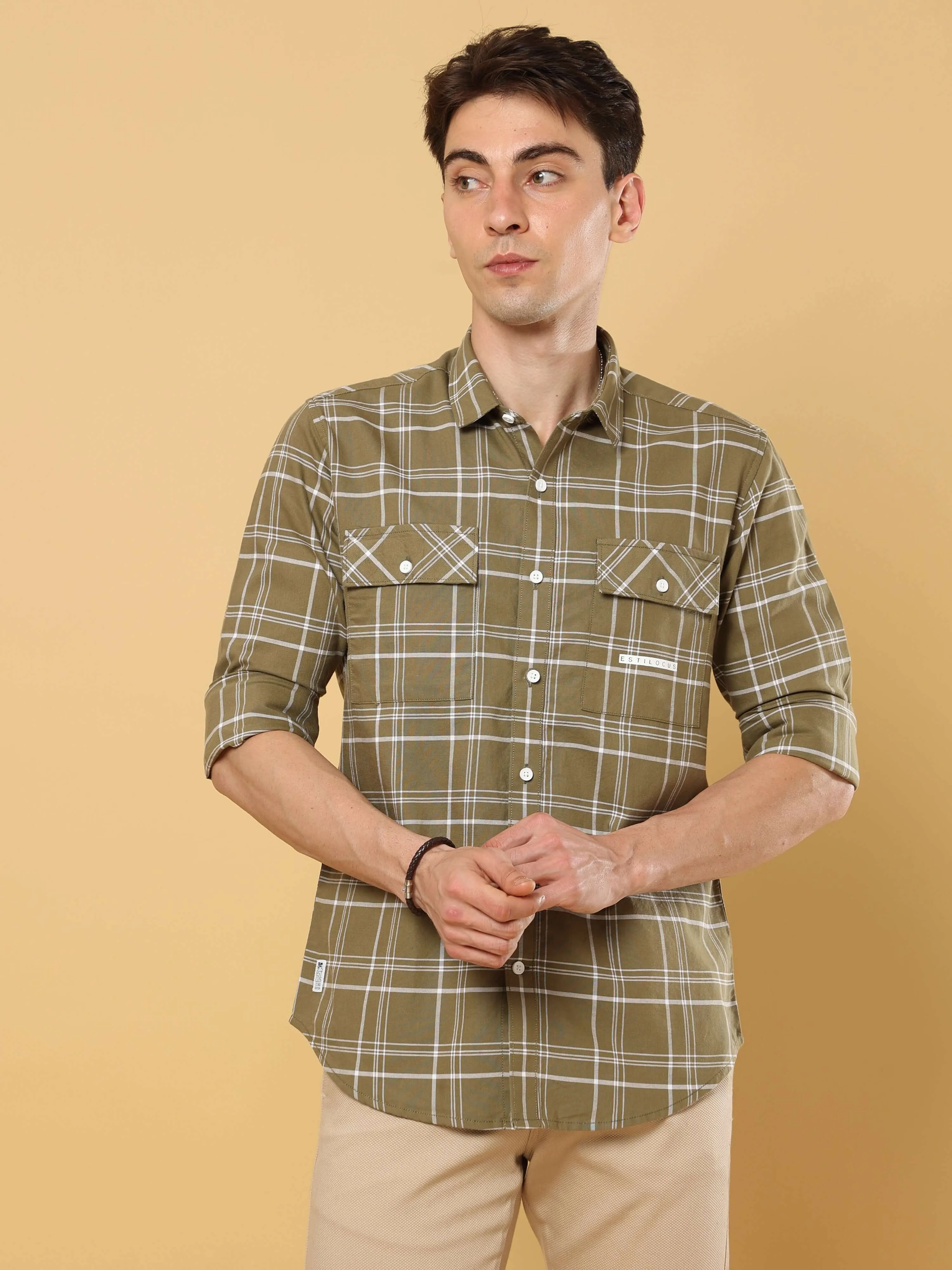 Ochre Green Solid Double Pocket Shirt