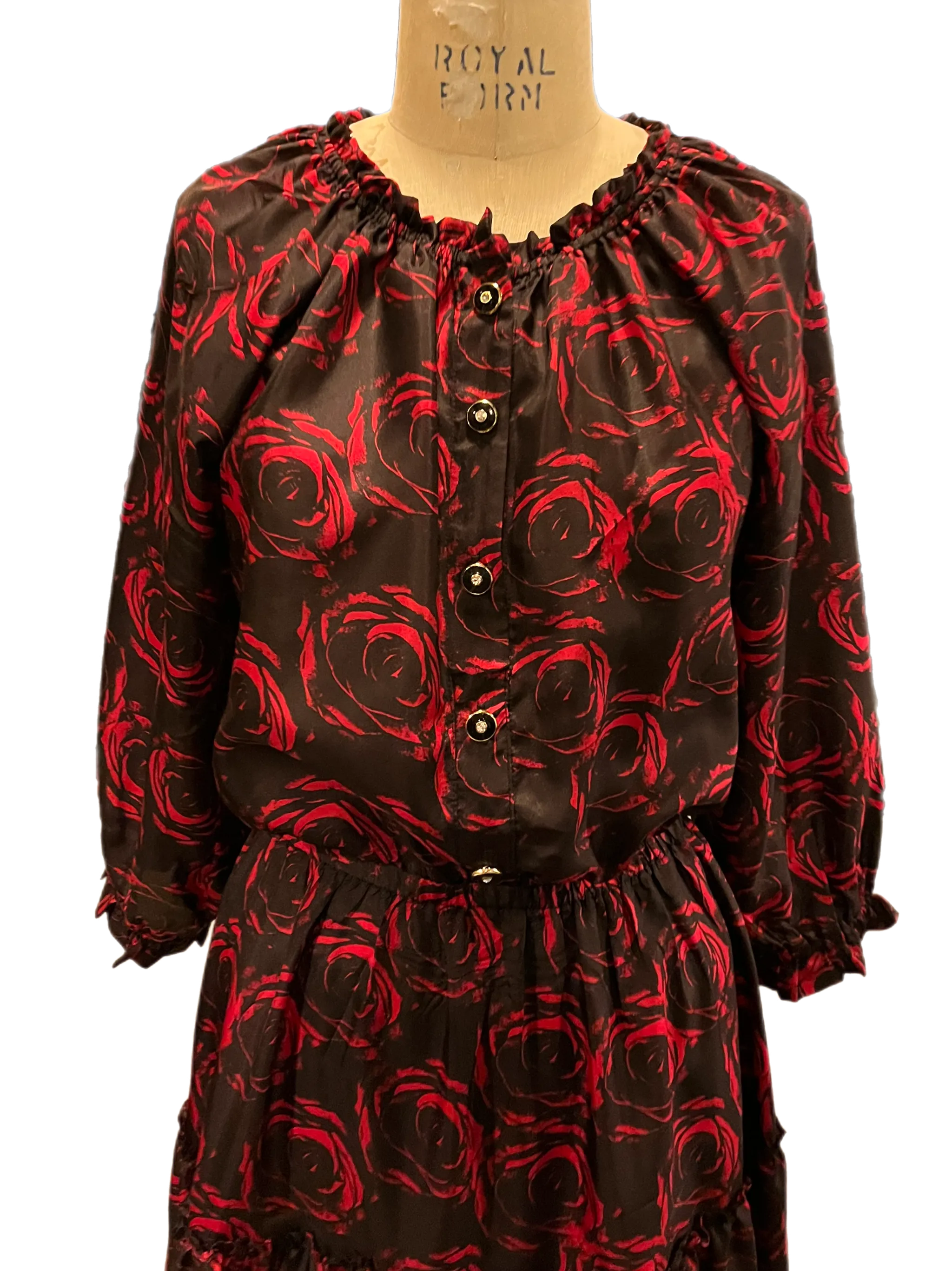 Printed Silk dress with 3/4 sleeves and tired skirt