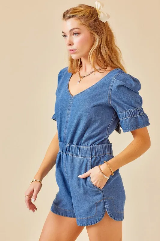 PUFF SLEEVE DENIM BOW ROMPER