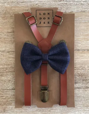 Skinny Cognac Suspenders with Navy Burlap Bow