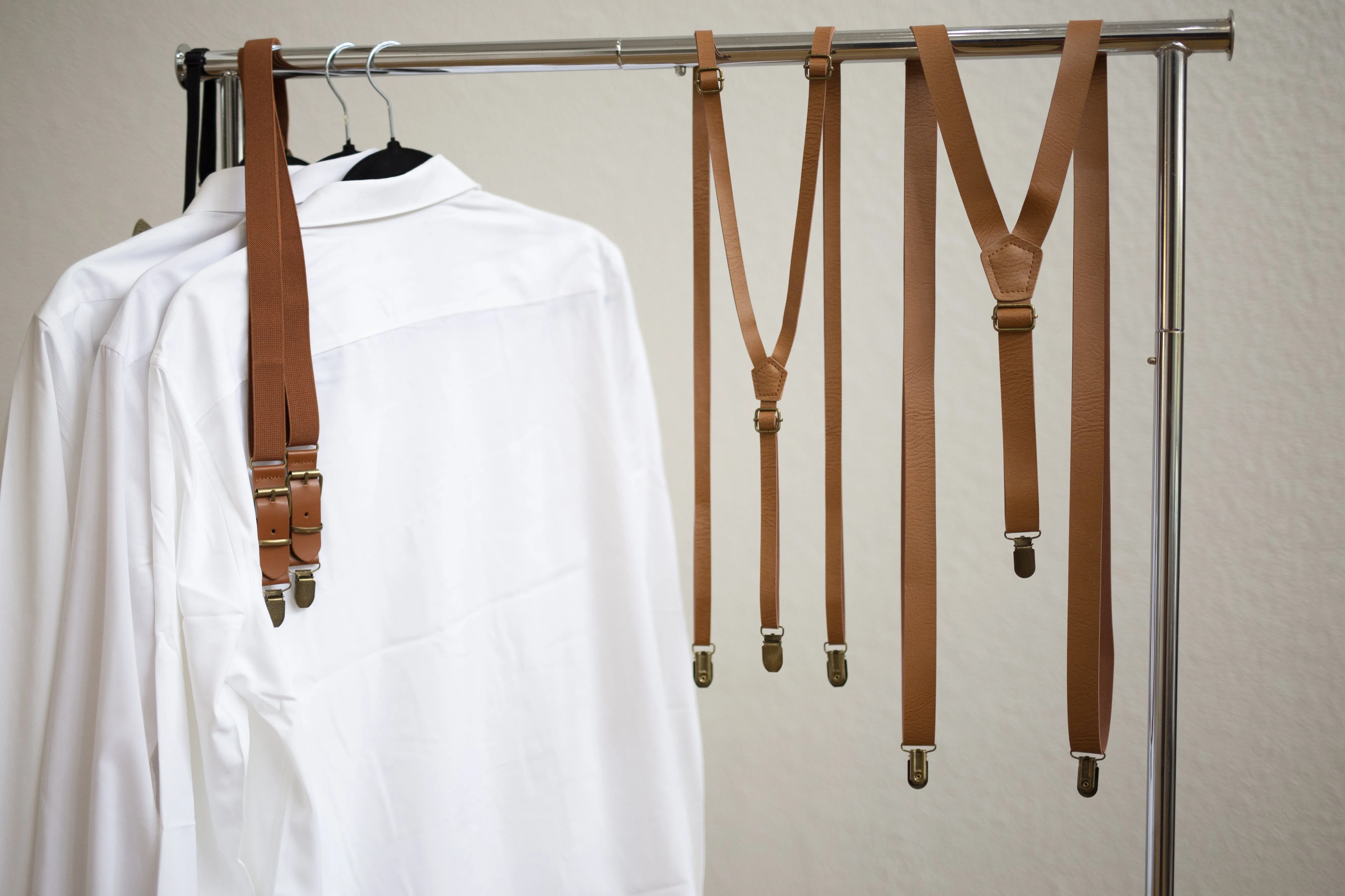 Skinny Cognac Suspenders with Navy Burlap Bow