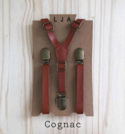 Skinny Cognac Suspenders with Navy Burlap Bow