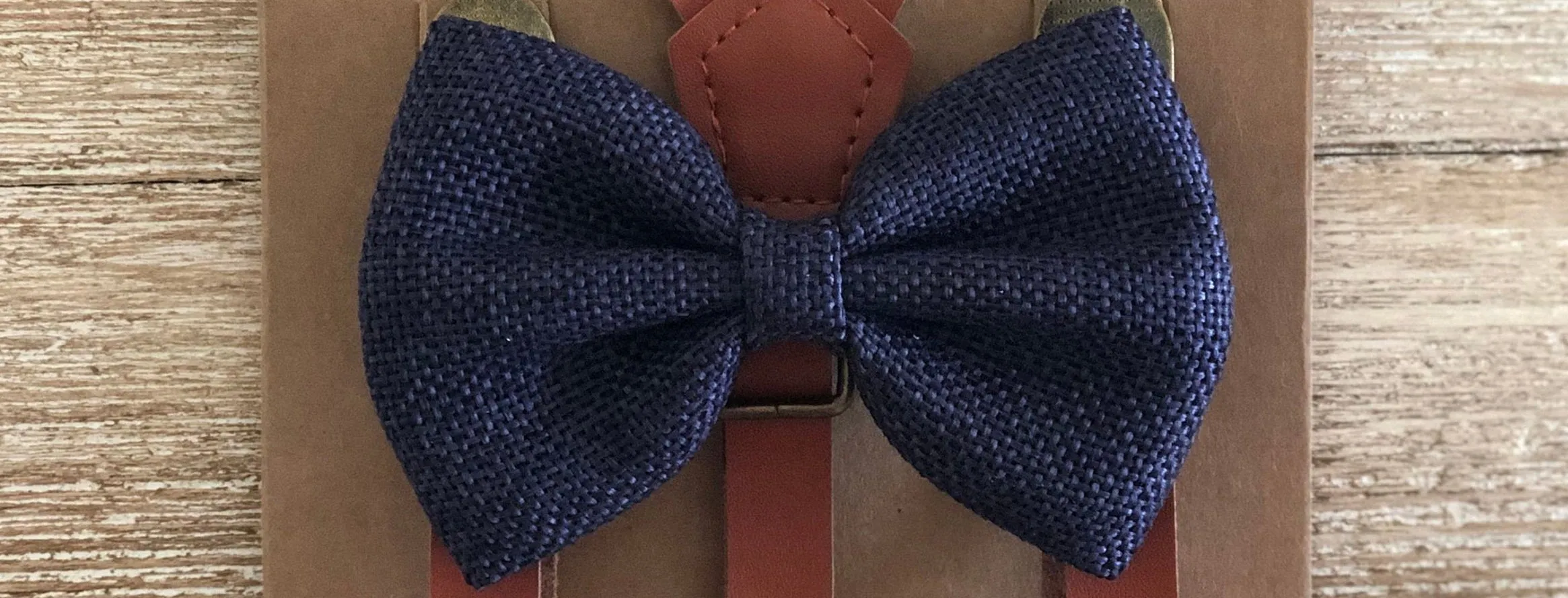 Skinny Cognac Suspenders with Navy Burlap Bow