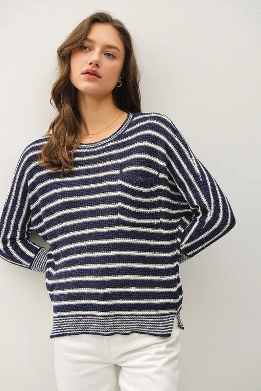 VESPER LIGHT STRIPED WAFFLE KNIT DOLMAN SLEEVE SWEATER