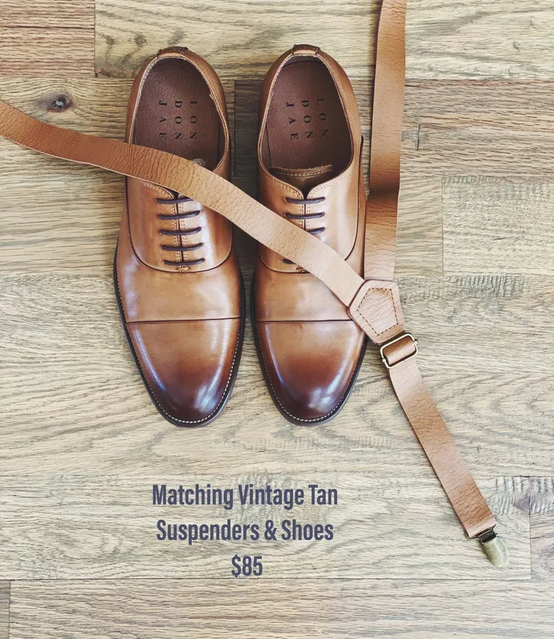 Vintage Tan Skinny Suspenders with Dusty Blue Cotton Bow Tie Set