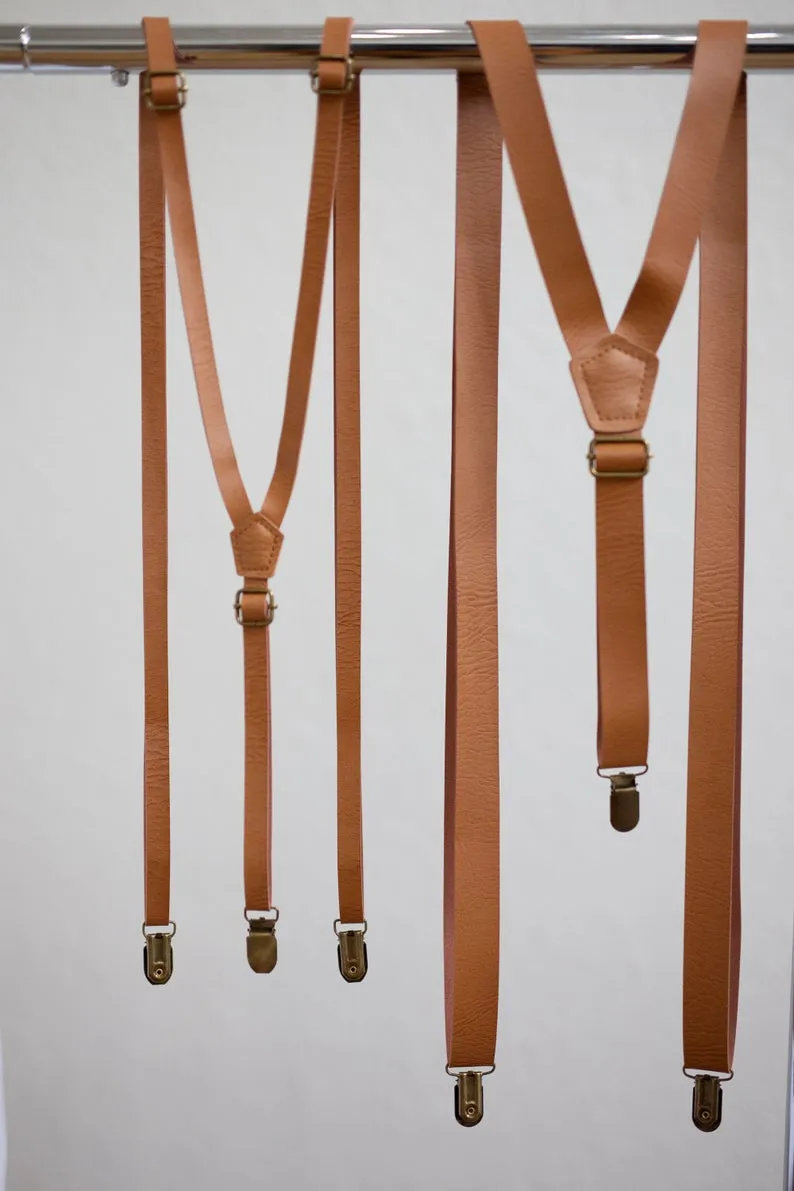 Vintage Tan Skinny Suspenders with Dusty Blue Cotton Bow Tie Set