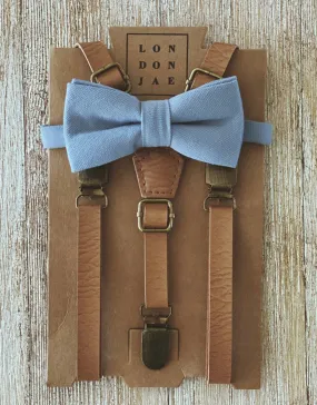 Vintage Tan Skinny Suspenders with Dusty Blue Cotton Bow Tie Set