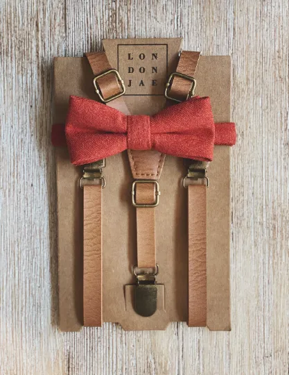 Vintage Tan Skinny Suspenders with Sienna Orange Bow Tie