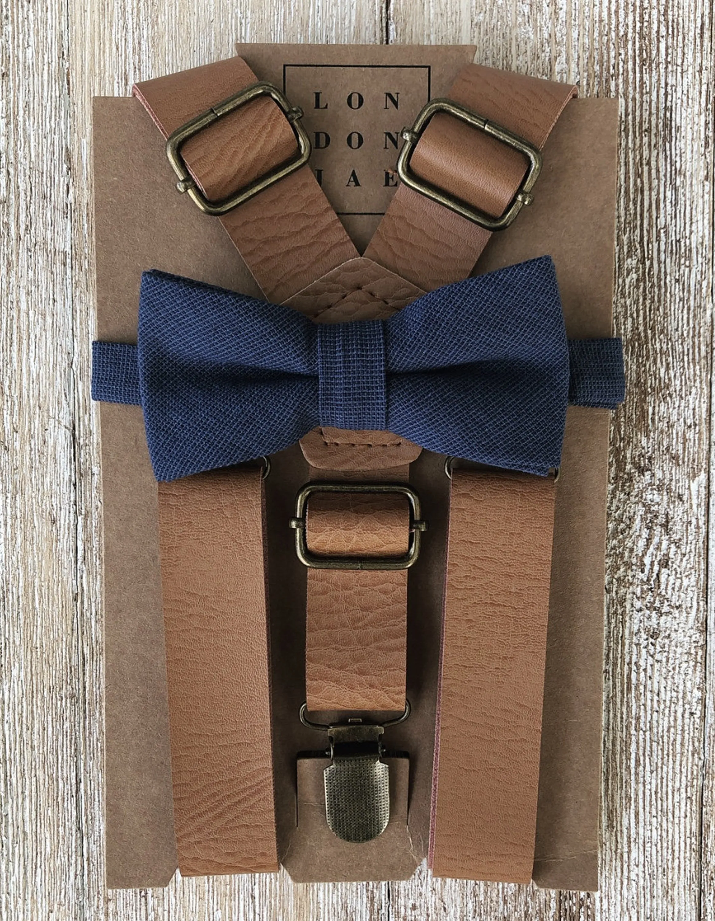 Vintage Tan Suspenders with Navy Bow